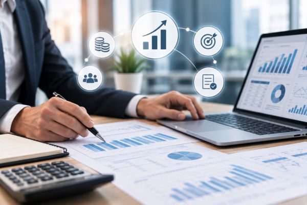 Consultor analizando indicadores financieros para mejorar el control de gestión y la rentabilidad de una empresa.
